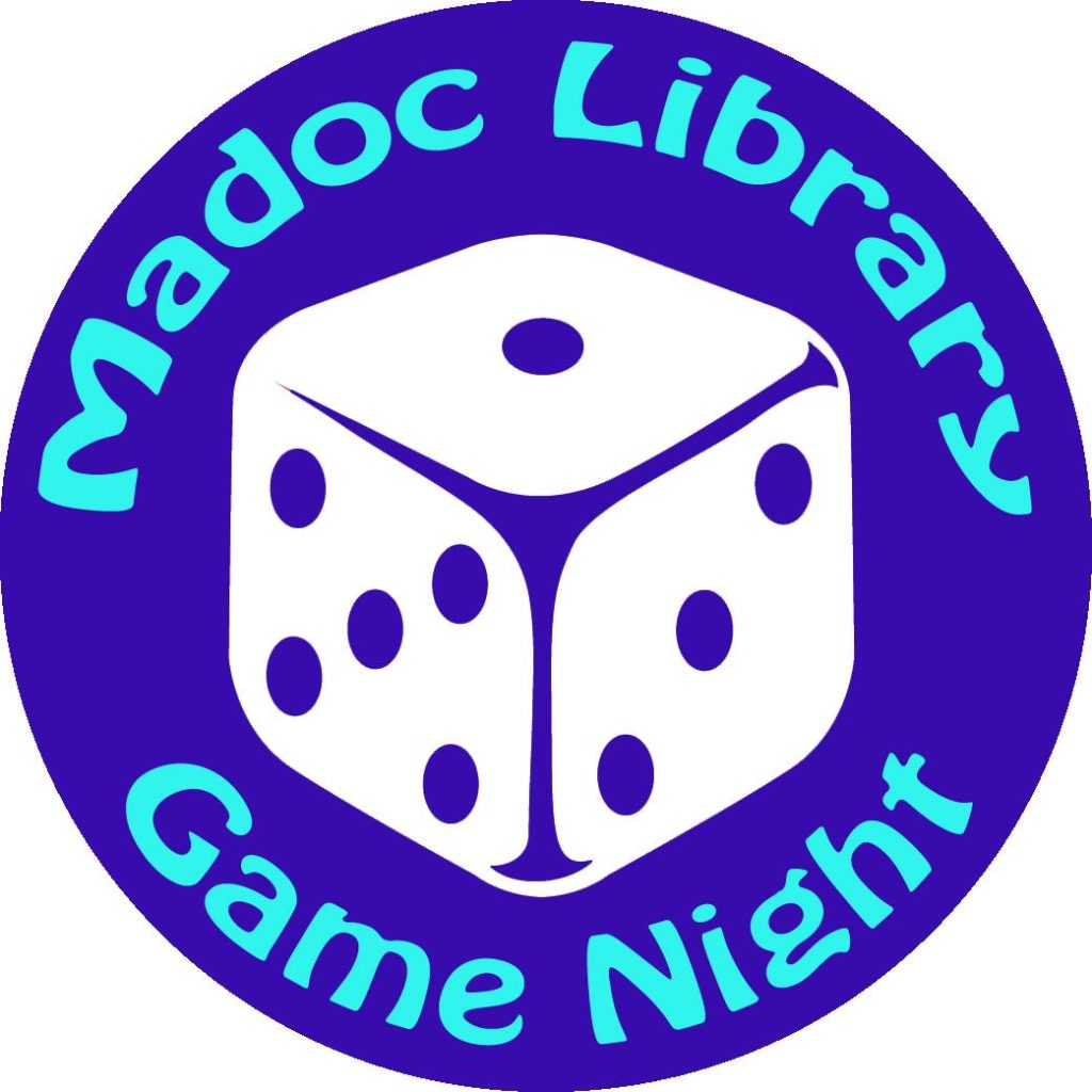 Madoc Library Game Night Logo - purple circle, blue text that reads Madoc Library Game Night surrounding white die in centre. 