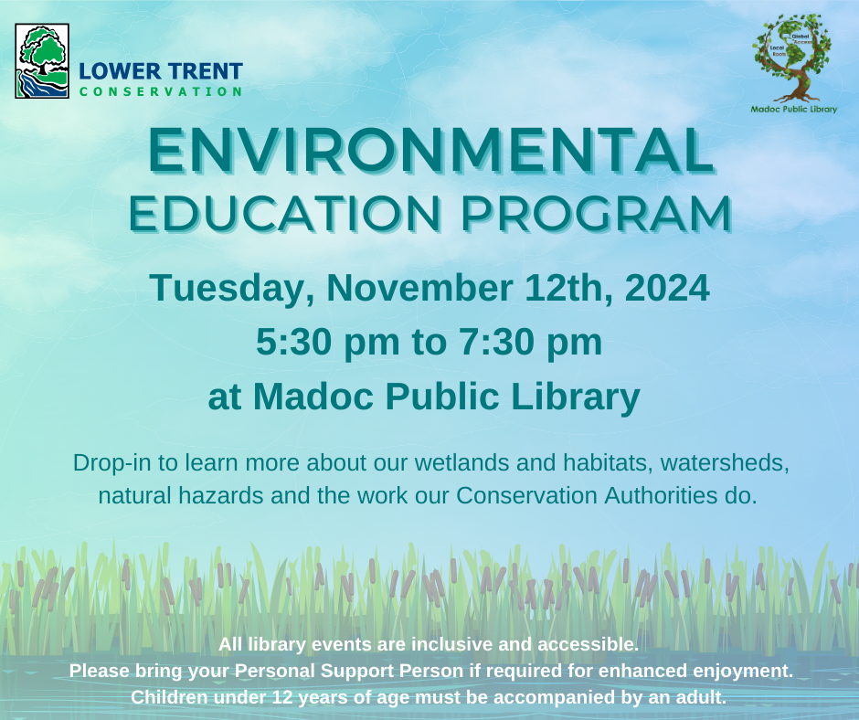 Background is a blue sky with fluffy clouds. A marsh (cattails and water) is at the bottom of the page. The logos for Lower Trent Conservation and Madoc Public Library are in the top corners. Environmental Education Program Tuesday, November 12th, 2024 5:30 pm to 7:30 pm at Madoc Public Library Drop-in to learn more about our wetlands and habitats, watersheds, natural hazards and the work our Conservation Authorities do. All library events are inclusive and accessible. Please bring your Personal Support Person if required for enhanced enjoyment. Children under 12 years of age must be accompanied by an adult.